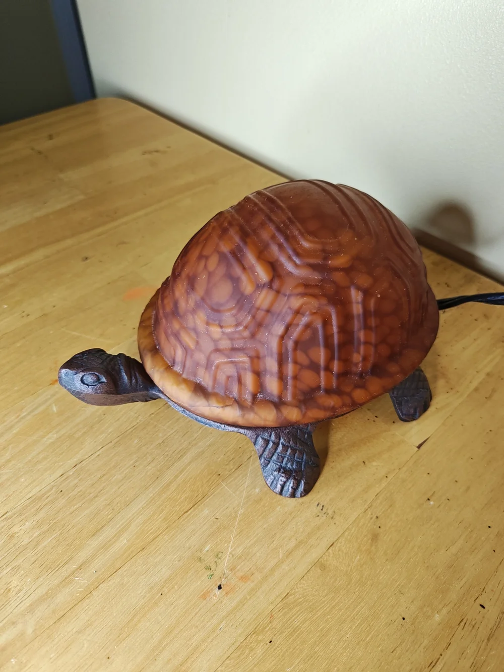 Vintage Amber Glass Turtle Lamp Cast Iron Base Tiffany Style Accent Nightlight